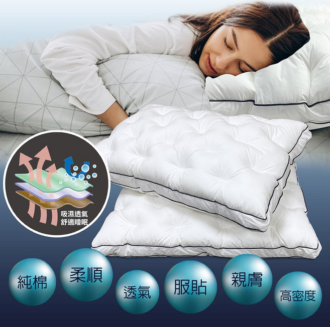 純棉枕頭 吸濕透氣 舒適睡眠, 白色, 1件