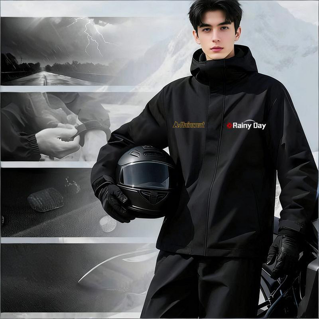 Fowod 자전거 오토바이 우비 방수 방풍 통기성 야간반사 레인코트 상하의 세트, 블랙