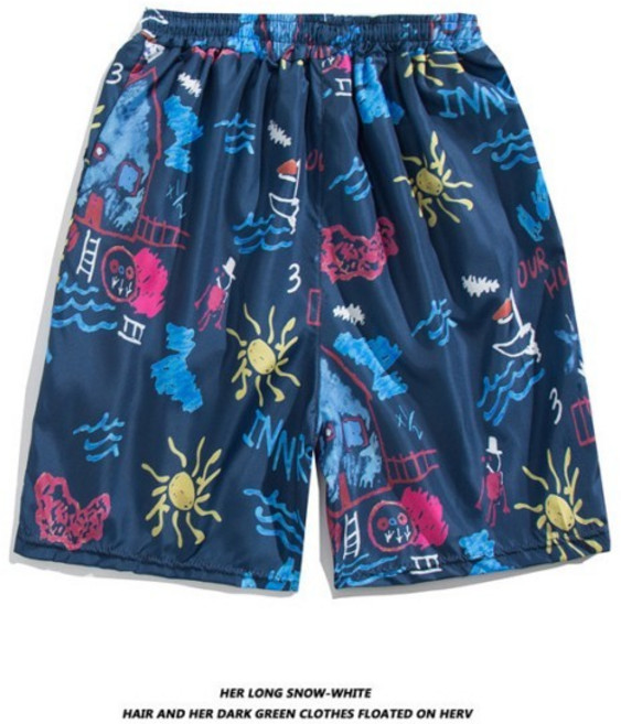 夏季海邊度假碎花寬鬆沙灘短褲, K1122藍,l