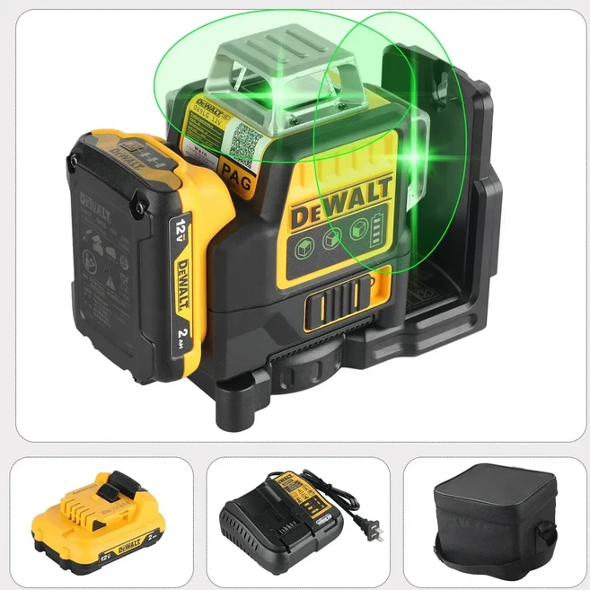 Dewalt DW089LG 12 라인 전문 레이저 레벨 녹색 빔 라인 12V 리튬 배터리 360 수평 수직 크로스 야외 도구, 02 US 1Battery 1Charger, 1개