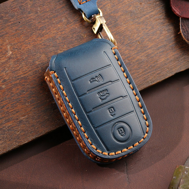 벤오토 기아 올뉴 더뉴 K3 K5 카렌스 쏘렌토R 스포티지R 카니발 쏘울 스토닉 니로 호환 스마트키 가죽케이스 기아 4버튼 키링 키홀더 (S2-KA4B), 블루
