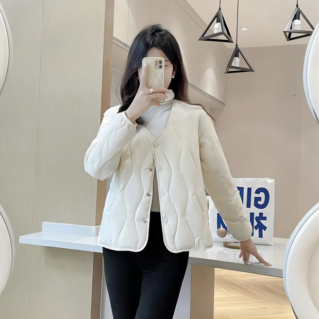 WPUY 여성 오버핏 누빔 패딩점퍼 두꺼운 볼륨감 빅사이즈 점퍼 브이넥 아가일 누빔 퀼팅 패딩 퀼팅점퍼 깔깔이 숏패딩 겨울 이너 보온