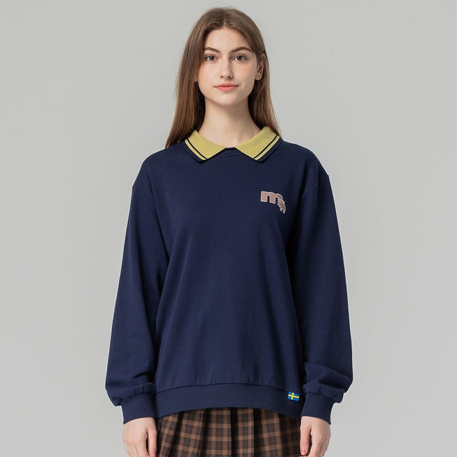 moz瑞典 駝鹿圖案 學院風女款POLO長袖上衣 深藍 L碼