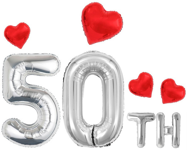 해피제이니 실버 특별한 기념일 초대형 숫자풍선 하트 호일풍선 파티용품 세트, 1세트, 실버 50년