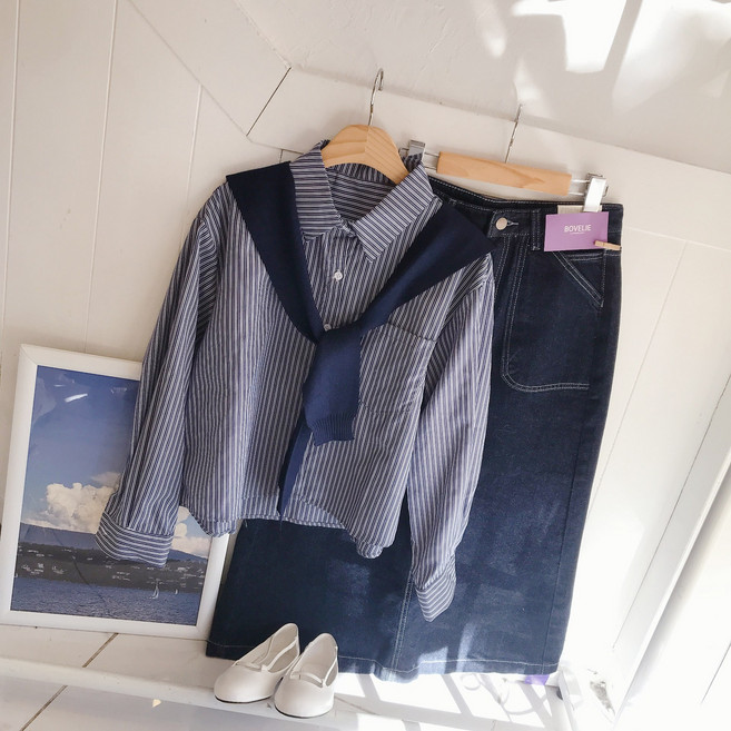 (set) 크롭 어깨숄 스트라이프 셔츠 남방