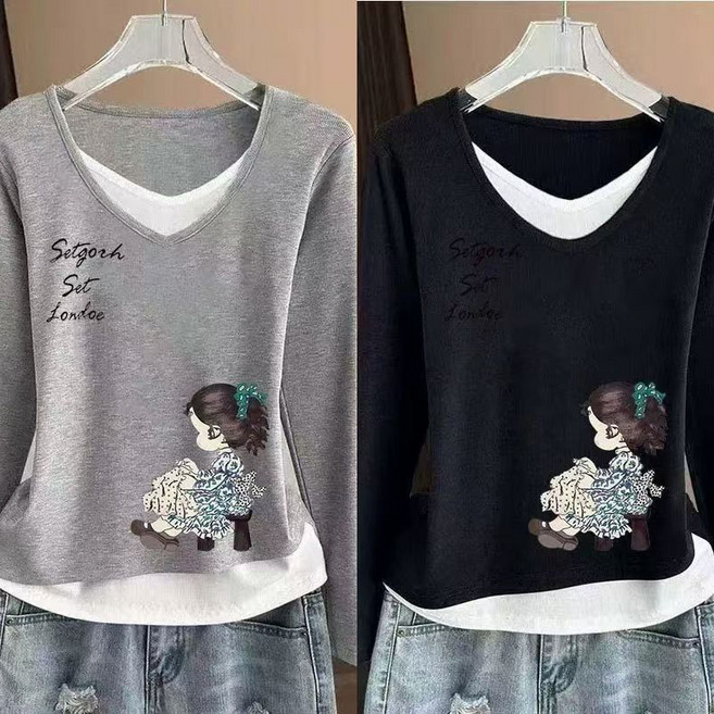 1+1 여성 긴팔 티셔츠 캐주얼 봄 가을 스판 쫄티 기질 여자 순면 브이넥 페이크 투피스 긴팔티 CY