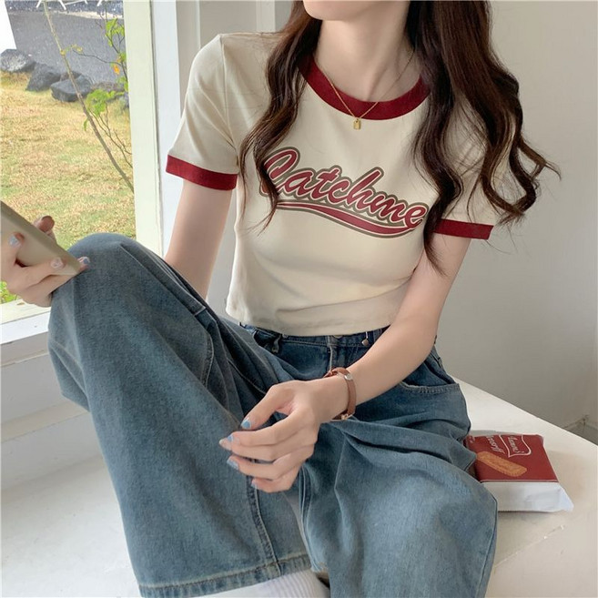 와이엔디샵 여성 면소재 레터링 크롭 반팔티 슬림핏 라운드넥 캐주얼 여름 티셔츠