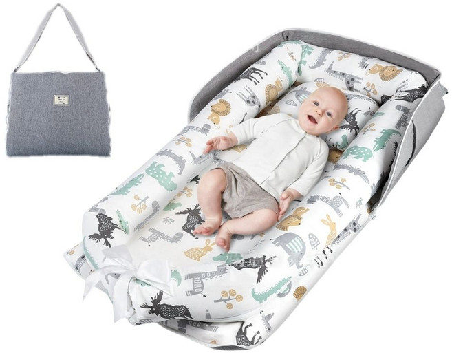 伊淶溫背包款嬰兒床中床：內外可拆洗便攜式防壓嬰兒睡窩、子宮仿生旅行床, 獅子大象(床+枕), 獅子大象