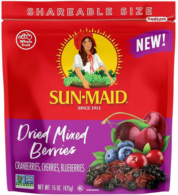 Sun-Maid 말린 혼합 베리 - 425.2g(15온스) 재밀봉 가능한 백 - 말린 크랜베리 체리 블루베리 - 홀리데이 스낵 및 샤퀴테리 보드, Sun-Maid 말린 혼합 베리 - 425.2g(15온, 1개, 425g