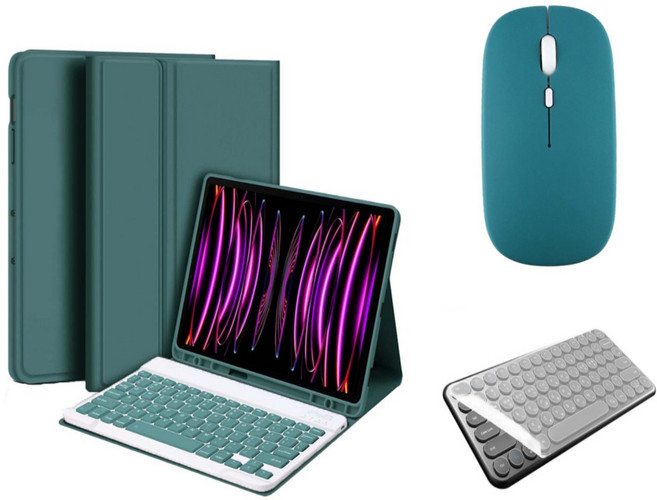 아이패드 호환 에어 프로 미니 1/2/3/4/5/6/7/8/9/10 세대 M2 M4 펜슬 수납 블루투스 키보드 케이스 무선 마우스 세트 iPad Pro Air Mini 케이스나라, 다크그린