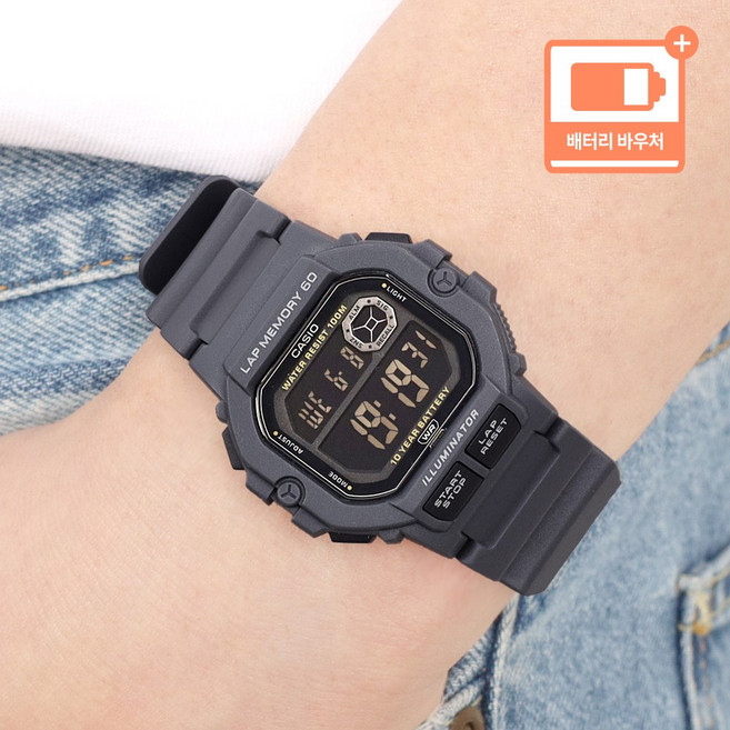 카시오 스퀘어 전자 오토 캘린더 60랩기능 스포츠 100미터 방수 군대 남자 우레탄 시계 + 배터리 바우처