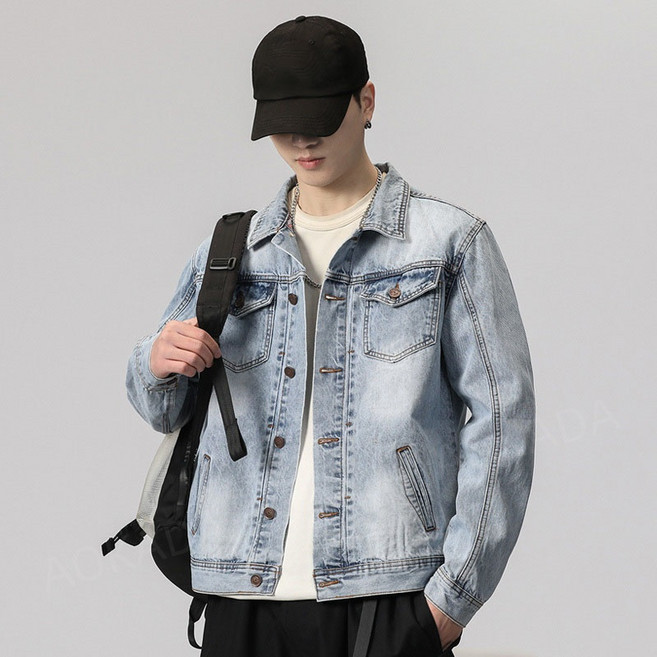 AOKADA 남성 봄 가을 슬림핏 빈티지 카고 데님 자켓