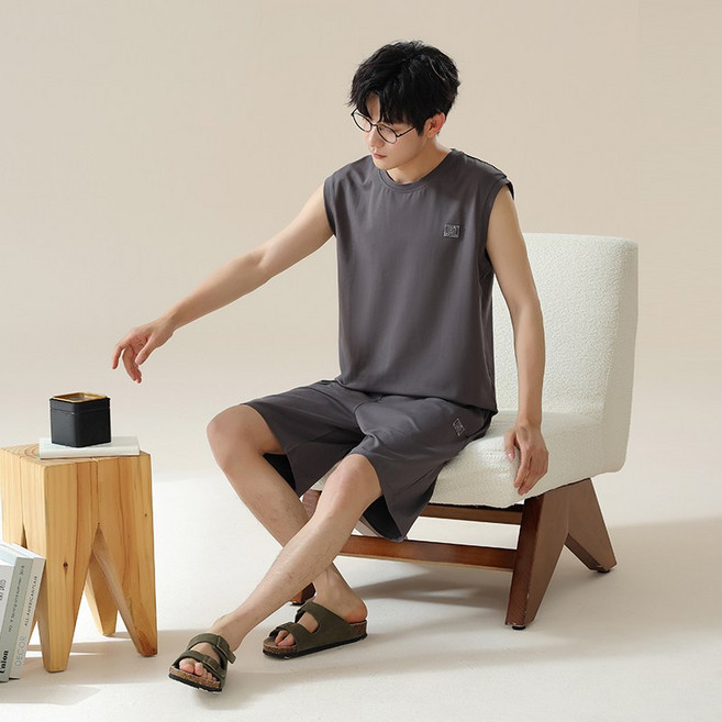 YANGTA 남자 여름 모달면 캐주얼 통기성 부드러운 잠옷 민소매 홈웨어 상하의 세트 M1