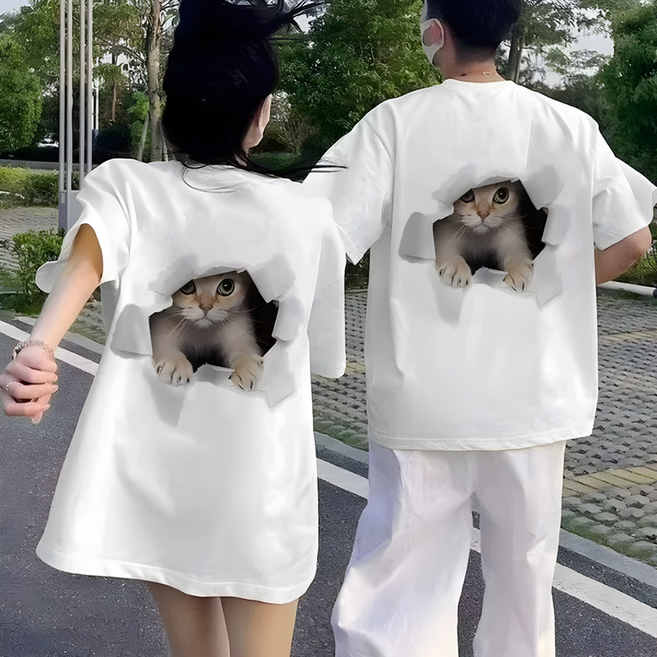 1+1 남녀공용 고양이 프린트 라운드넥 오버핏 여름 커플룩 반팔 티셔츠