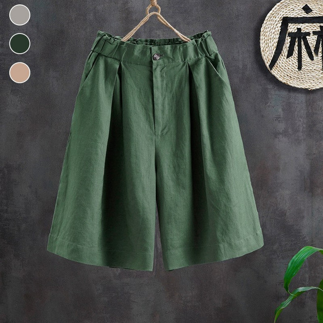 에쥬아 여름 린넨 반바지 루즈핏 하이웨스트 팬츠 5부 밴딩팬츠