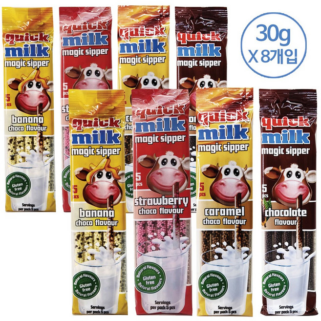 퀵밀크 매직스트로우 버라이어티 4가지맛 [바나나 초코 딸기 카라멜], 30g, 1세트, 8개입