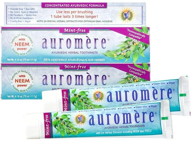 Auromere 무불소 치약 2개 민트프리 성분좋은 치약 아유르베다 허브 비건 치약 편안한 사용감 민감한 잇몸 (개당 117g) 무불소 치약 성인 - 쿠팡