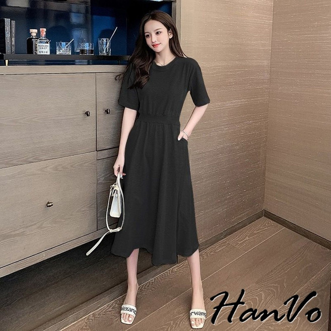 HanVo 縮腰素面五分袖長裙 百搭舒適大裙襬連衣裙 韓系女裝中長裙 女生衣著 A06-3723, 黑色