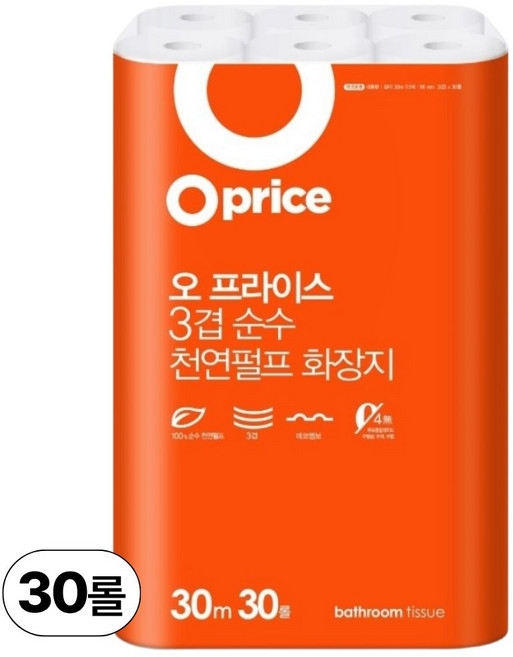 오프라이스 더 길어진 3겹 천연펄프 화장지, 30m, 30롤, 1개