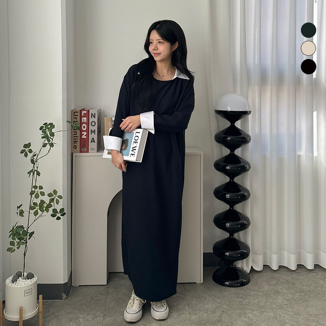 디테일웨어 여성 셔츠카라 롱원피스 임부복 신축성 좋은 긴팔원피스 홈웨어 꾸안꾸룩 링클프리 봄가을 하객룩