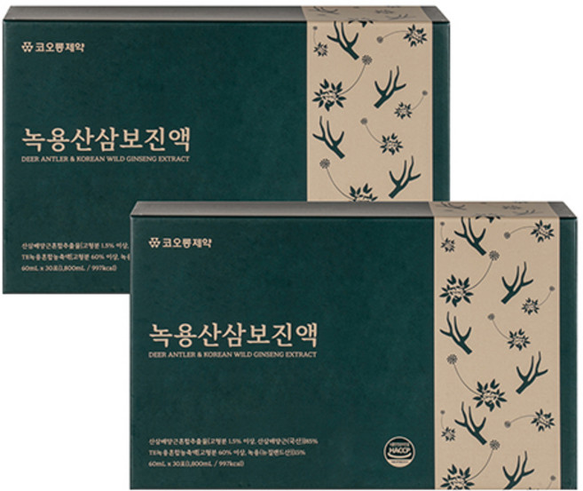 코오롱제약 녹용 산삼보 진액 60mlx30포x2개 배양근 사포닌 면역력강화 선물 건강식품, 2박스, 1.8L