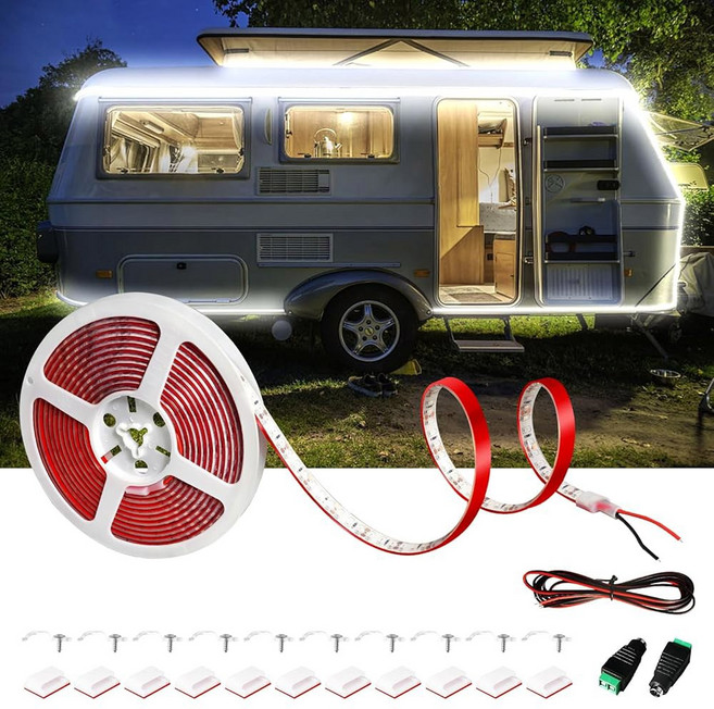 DUOFU365 RV 차양 LED 조명 12V 16.4피트 아웃사이드 라이트 방수 언더글로우 조명 키트 홈 캠퍼 모터홈 여행 트레일러 매점 푸드 트럭 스트립 블루, White, 1개