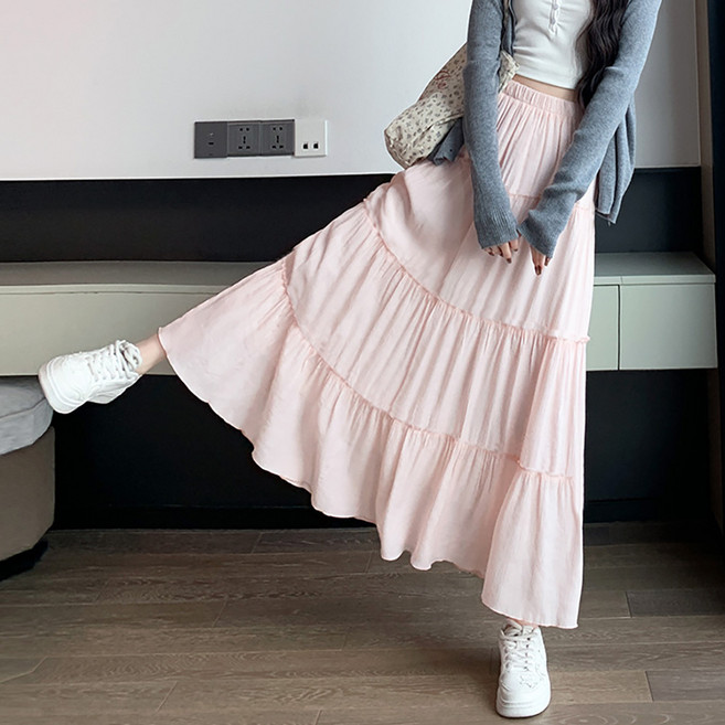 네모엔룩 맥시티어드 여성용 3단 캉캉 허리밴딩 A라인 나일론 주름 맥시 플레어 롱 스커트