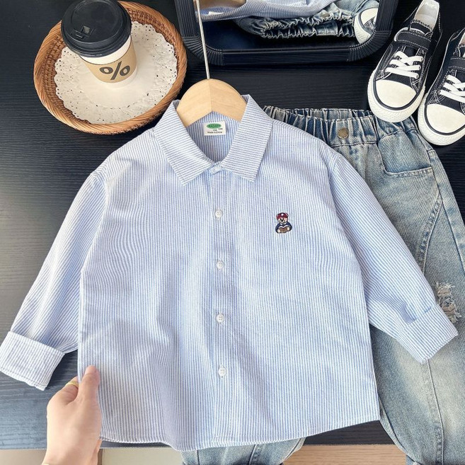 크리스탈하우스 아동 남아 봄 가을 간절기 곰돌이 자수 댄디 긴팔 셔츠 CB033