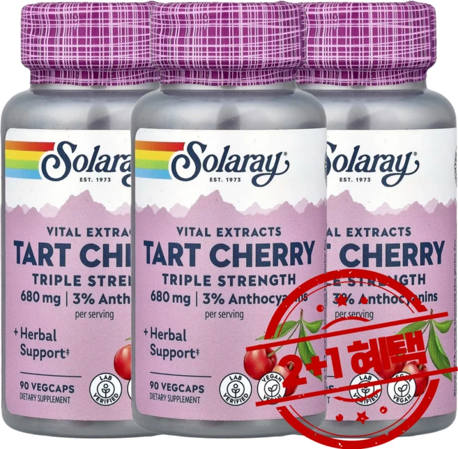 2+1 솔라레이 바이탈 익스트렉츠 트리플 스트랭스 타트체리 680mg 베지 캡슐 90정 안토시아닌 함유 / 해외직구 미국정품, 3개 - 쿠팡