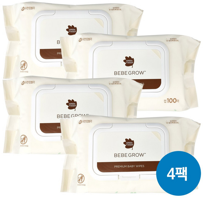 그린핑거 베베그로우 물티슈 캡형 100매 X 4개, 54g