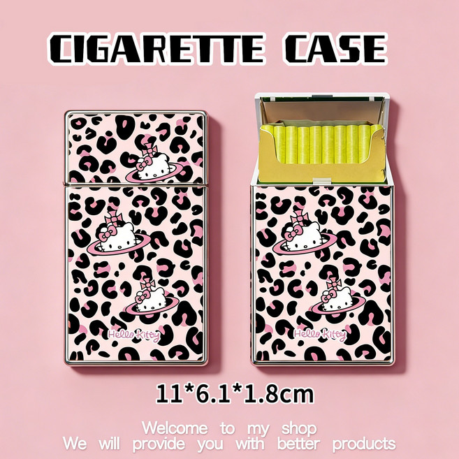 卡通圖案香菸盒 菸收納盒 便攜 粗細 多圖可選 香菸盒 11*6.1*1.8cm, 粉豹紋KT-細支, 1個