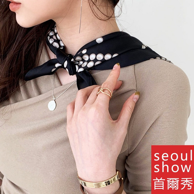 seoul show首爾秀 珍珠項鏈印花方領巾 仿真蠶絲緞面頭巾 雪紡絲巾 多功能時尚配飾