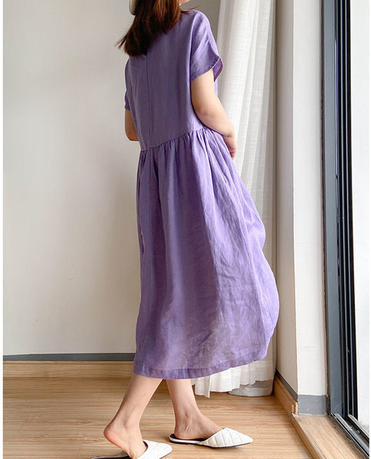 寬鬆顯瘦純棉連衣裙女夏季薄款中長裙, 紫色,2XL 建議65-70公斤