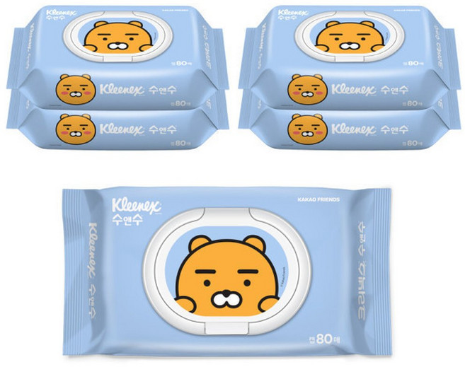 수앤수x카카오프렌즈 물티슈 라이언 캡형 80매 5팩 ., 5박스