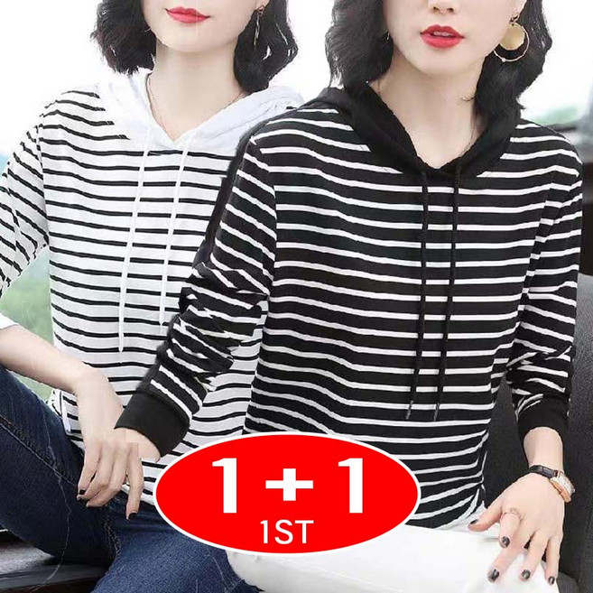 TIMEPURE 중년여성 스트라이프 후드 티셔츠 긴팔 가을봄 캐주얼 빅사이즈 루즈핏 데일리록 줄무늬 상의