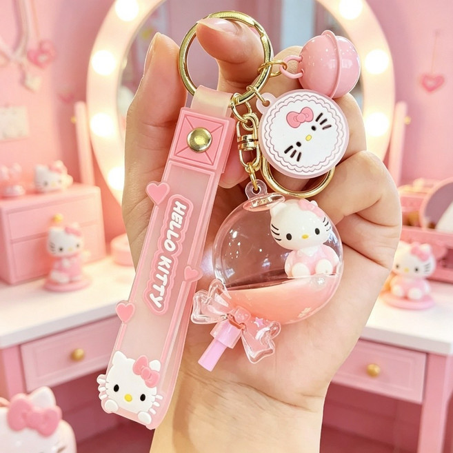 Hello Kitty 流沙入油鑰匙圈 閃亮液體吊飾 壓克力掛飾 學生書包掛墜, 1個, 棒棒糖 KT