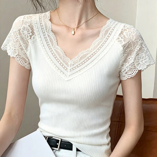 루엔나 레이스 V넥 반팔 티셔츠 여름 루즈핏 슬림핏 캐주얼 데일리룩 블라우스