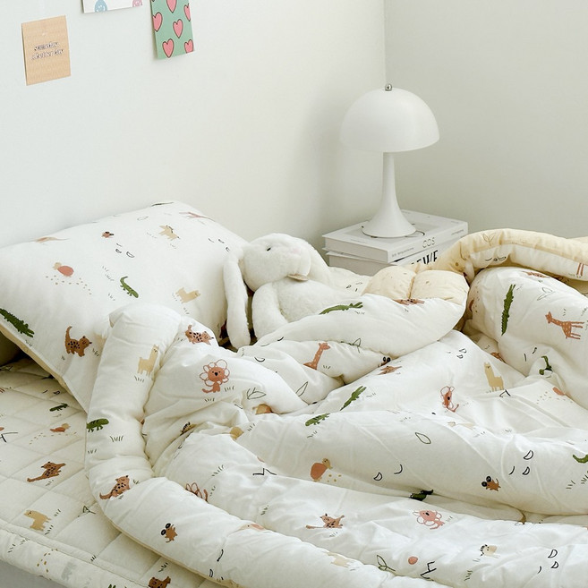 쥬월드 모달 100% 향균솜 키즈침구 캐릭터 어린이이불 아동침구세트 S/SS(2Colors), SS풀세트[SS차렵+SS패드+베개커버40x60 1장], 아이보리