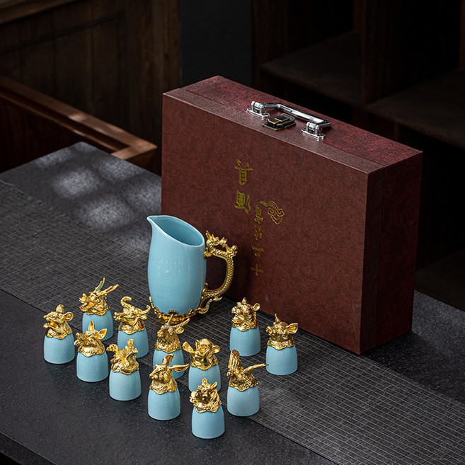 고량주잔 술 수정방 술잔세트 스트레이트 순홍색 다이아 연태주 술수정방 고량주, 12지신상 골드 관요 받침, 1개