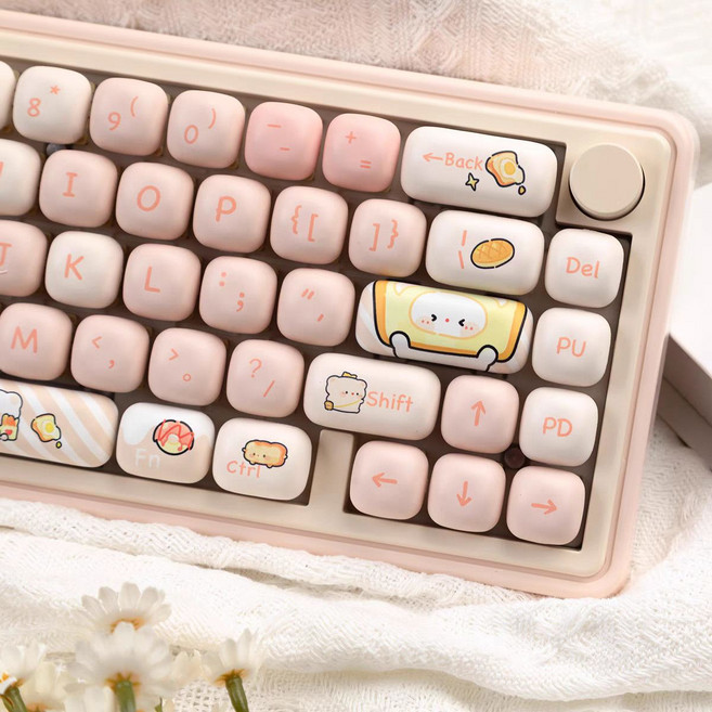 漫步貓 QMK65 機械鍵盤 三模連接 Gasket結構 RGB燈光, 1個, QMK65粉色+mog面包小熊【送刷子】風信子軸【石子音推薦】
