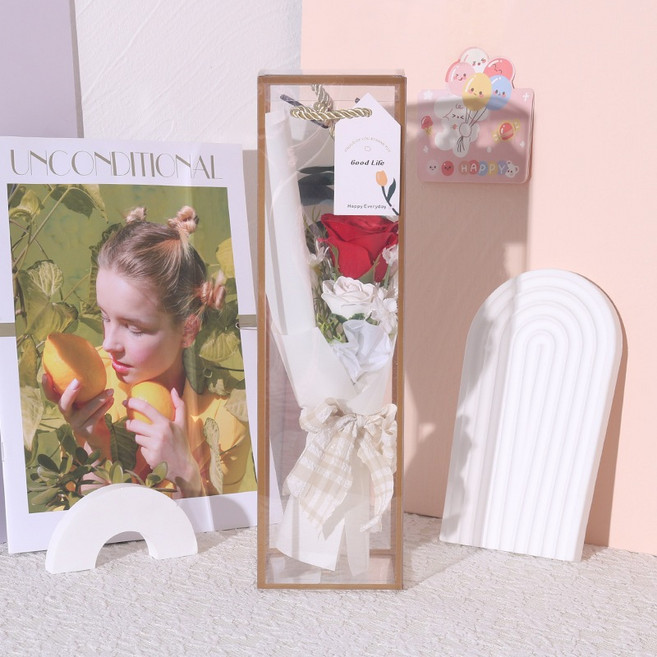 香皂玫瑰花束禮盒，附手提透明包裝，適合教師節、畢業季、七夕情人節、生日、求婚, 1個, 手提玫瑰花束_紅色