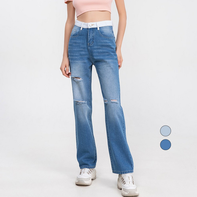 엘블로썸 여성용 통큰 하이웨스트 화이트배색 청바지 (3단기장 키별) 찢청