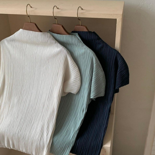 (3color/44-66) 팔뚝커버 플리츠반팔티셔츠 하이넥 반목티 링클프리 여름반팔불라우스