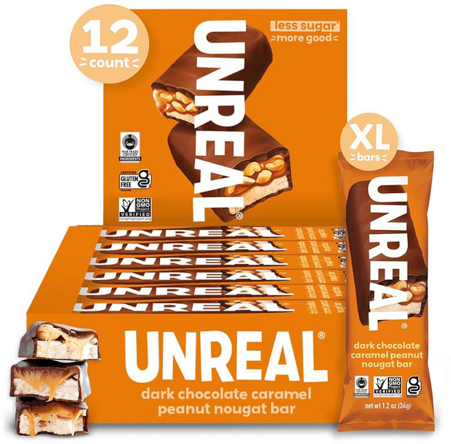 UNREAL 다크 초콜릿 땅콩 캐러멜 누가 바 (풀 사이즈 12개), 34g