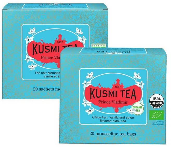 Kusmi Tea 티백 2박스 팩 아나스타샤 + 블라디미르 왕자 맛 홍차 베르가못 오렌지와 레몬이 함유된 상징적인 얼 그레이 카페인 티 5.1x50.8cm2x20인치 22366, Prince Vladimir