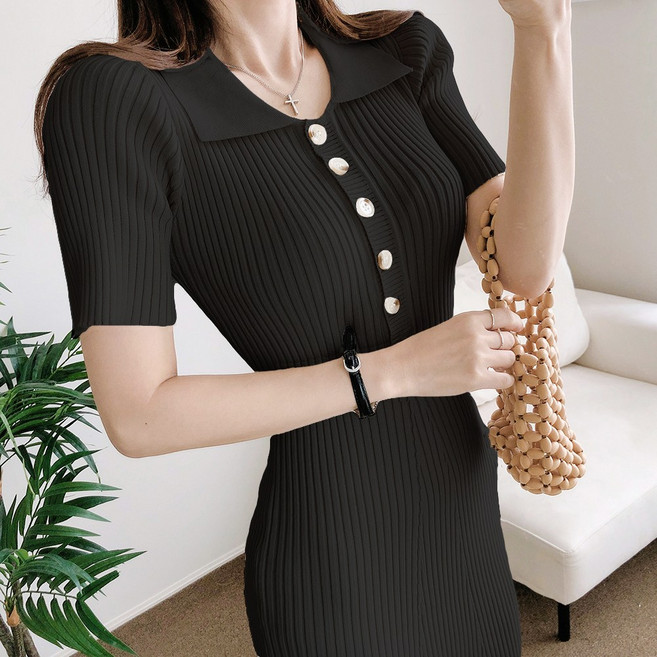 요시아나 [당일발송] 라피넴 슬림핏 카라넥 버튼 골지 니트 롱원피스 2컬러