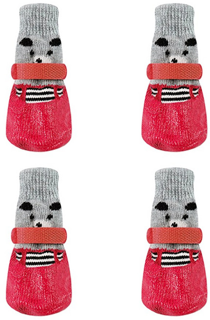 펫카소 강아지신발 곰돌이 방수양말, 레드, 1세트