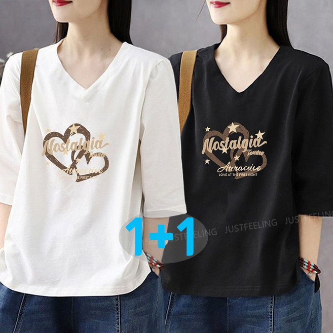 JUSTFEELING 1+1 중년여성 브이넥 7부소매 티셔츠 패턴 빅사이즈 M-4XL 루즈핏 캐주얼 박시티 날씬해보이는 엄마옷 여름티 상의 티