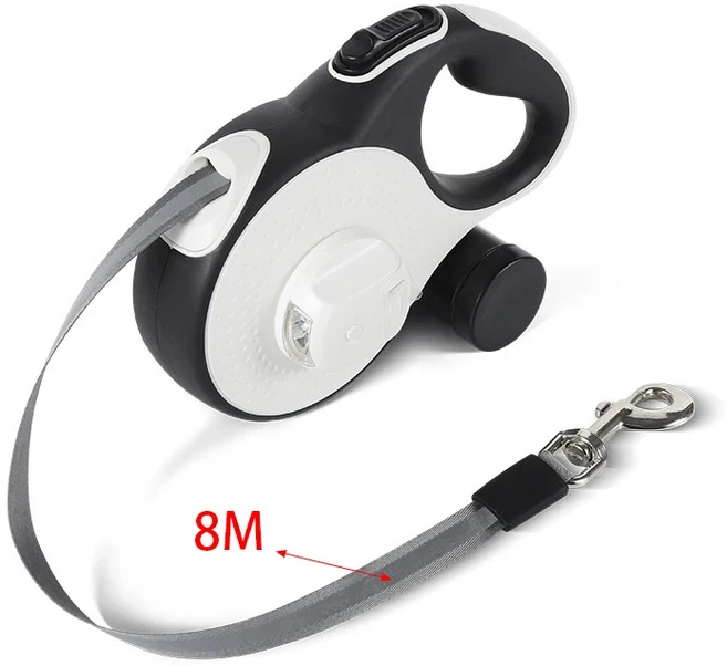 똥 가방 디스펜서가있는 5M/8M 개 가죽 끈 분리형 Led 손전등이있는 자동 룰렛 견인 로프 애완 동물 강아지, 01 Black-8M, 1개