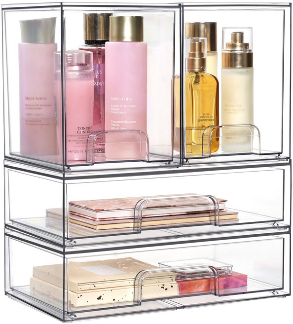 Vtopmart 슬라이딩 클리어 팬트리 서랍장 다용도 적층형 화장품 수납 정리함, 1세트, 투명